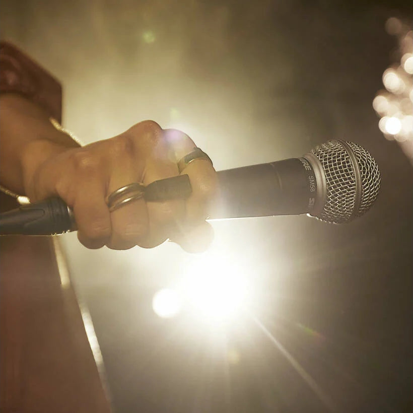 Shure SM58-LCE dynamic microphone without switch, black handheld microphone for vocals and live performances.