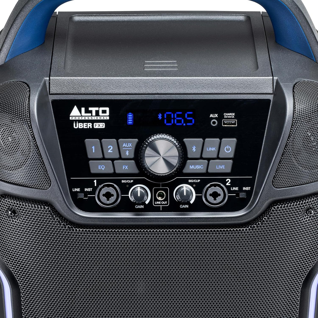Alto Professional Uber FX2 PA speaker system with dual speakers and control panel, designed for live sound reinforcement.