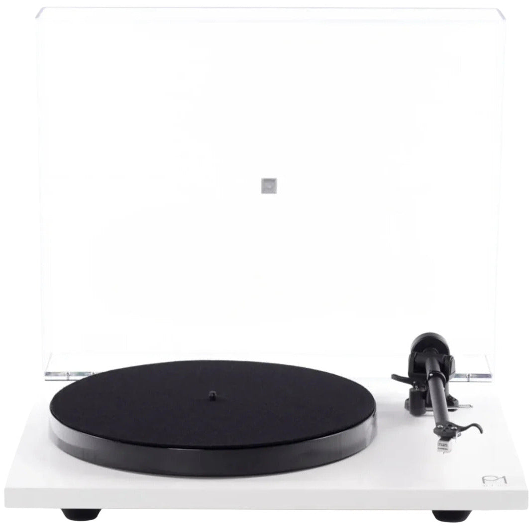 Rega Planar 1 Plus turntable with wooden plinth, tonearm, and platter, showcasing its sleek design and high-quality build.