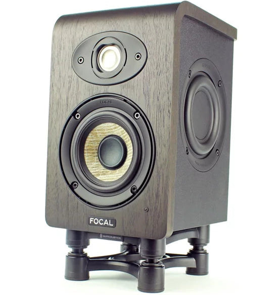 IsoAcoustics ISO-130 studio monitor stands with adjustable height and sleek design for optimal speaker positioning.
