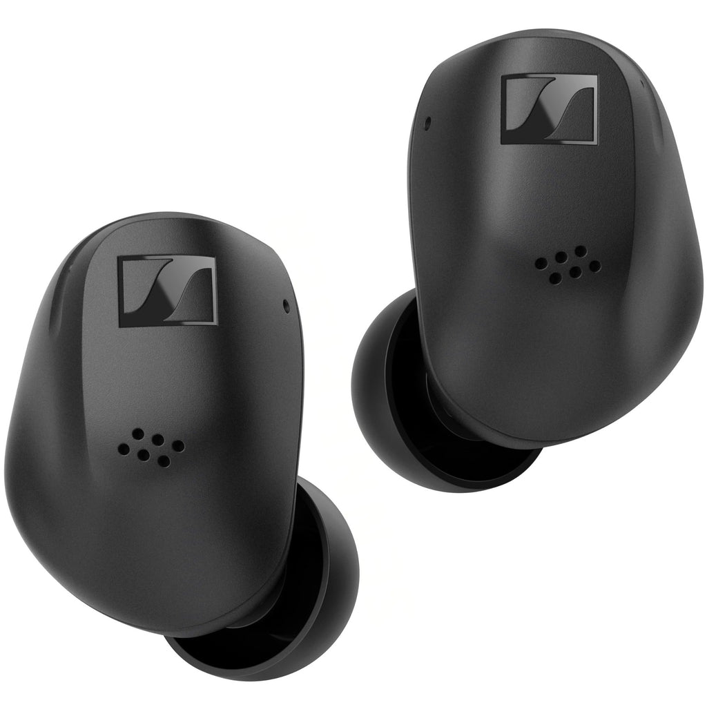 Sennheiser Accentum True Wireless in-ear headphones in black, showing sleek design and compact charging case.