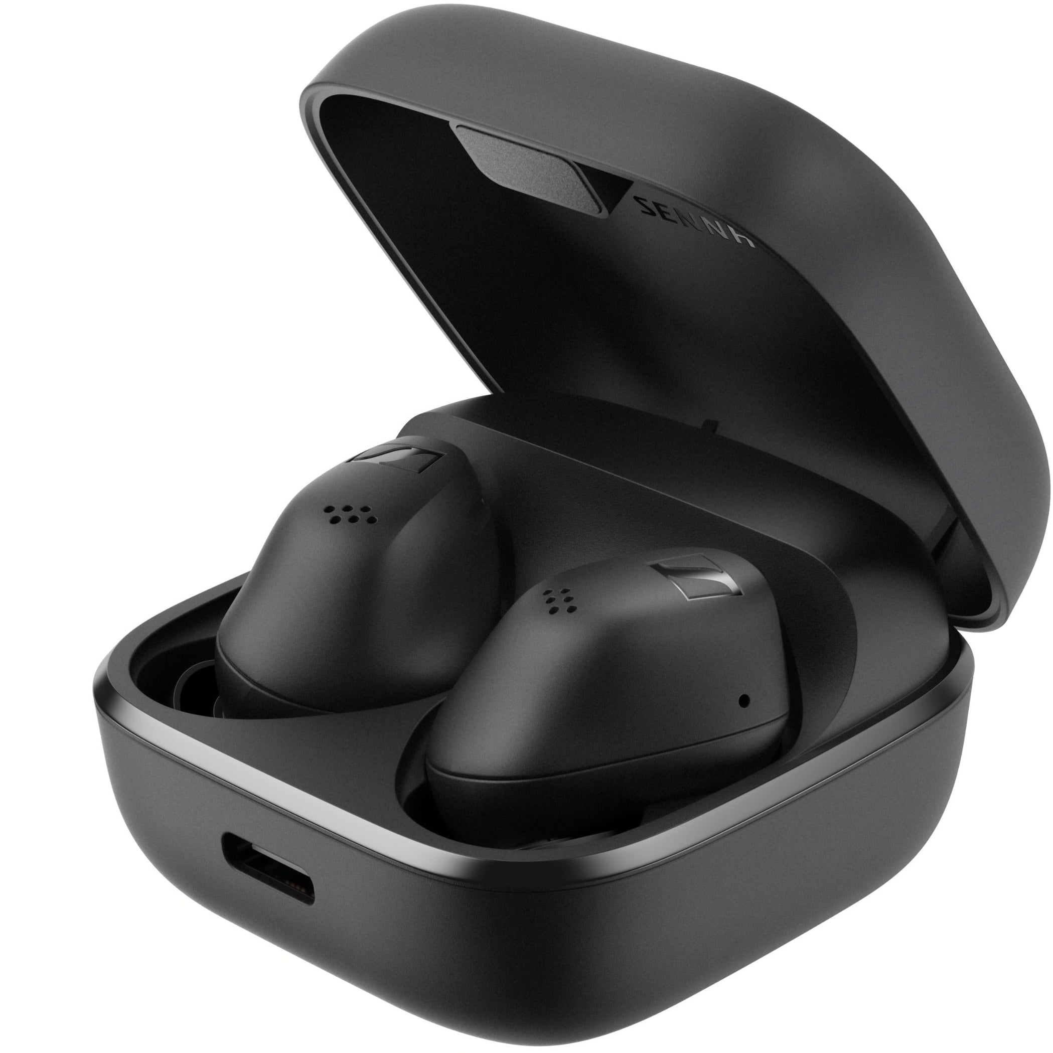 Black Sennheiser Accentum True Wireless in-ear headphones with sleek design and compact charging case, visible in the image.