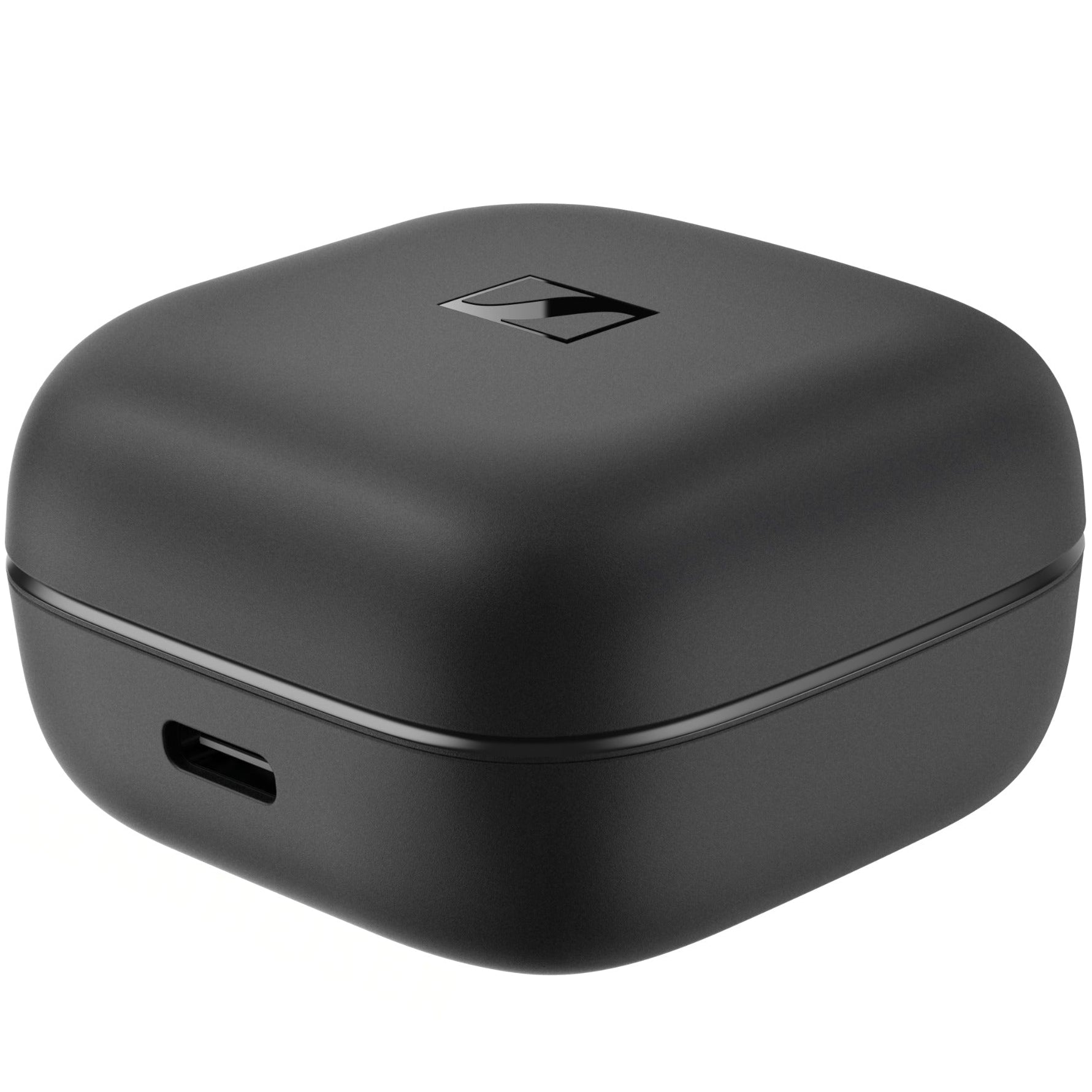 Black Sennheiser Accentum True Wireless in-ear headphones with sleek design and compact charging case.