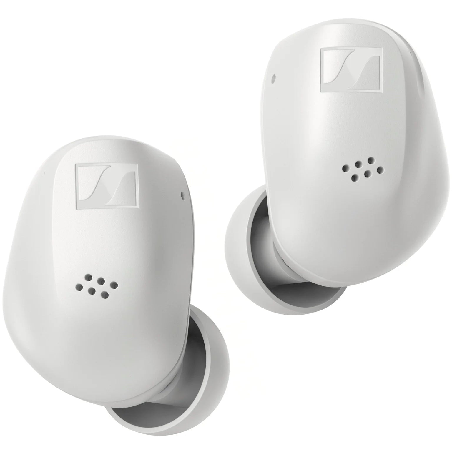 White Sennheiser Accentum True Wireless in-ear headphones with sleek design and compact charging case.