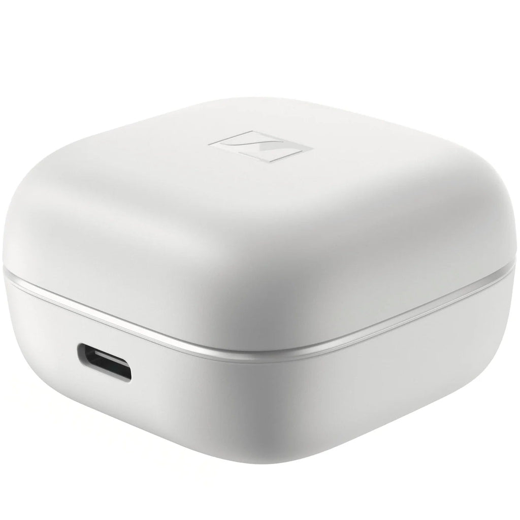 White Sennheiser Accentum True Wireless in-ear headphones with sleek design and compact charging case.