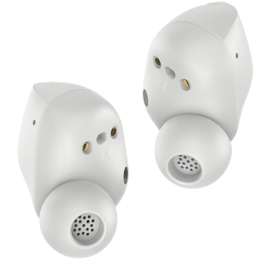 White Sennheiser Accentum True Wireless in-ear headphones with sleek design and compact charging case.
