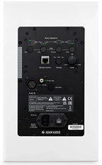 Adam Audio A7V active nearfield studio monitors with white finish and anniversary edition backplate, showcasing their sleek design.