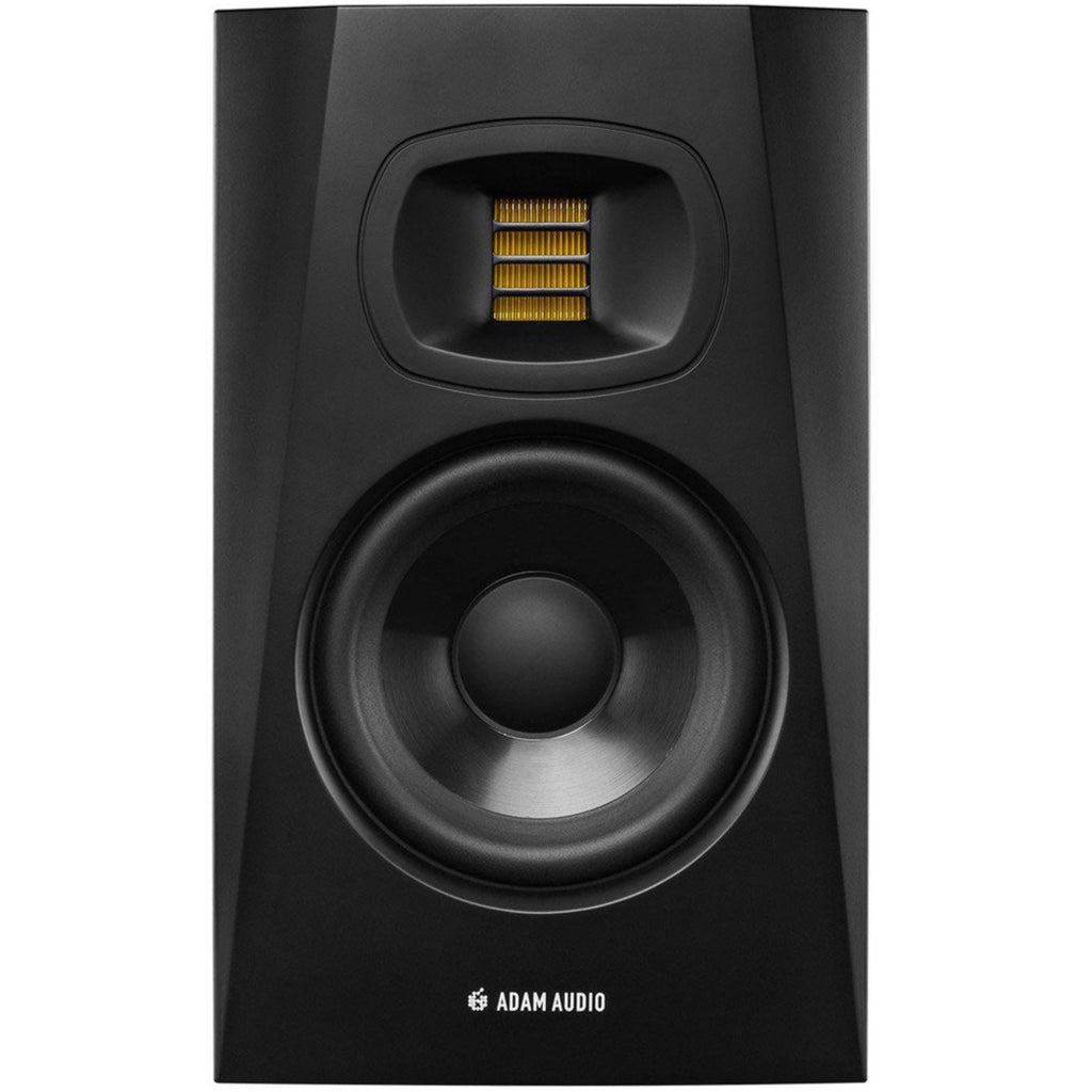 Adam Audio T5V active nearfield monitors with black finish, showing their compact size and front-facing speaker drivers.
