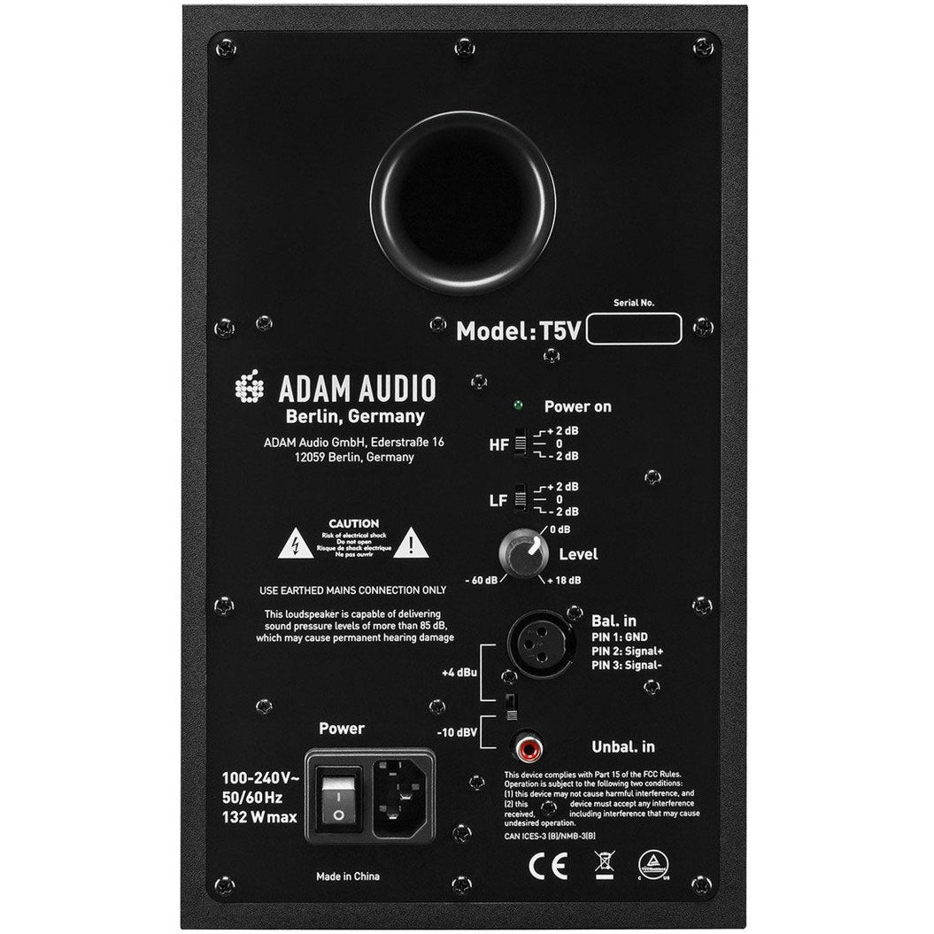 Adam Audio T5V active nearfield monitors with black enclosures and front-facing control panels, ideal for studio audio monitoring.