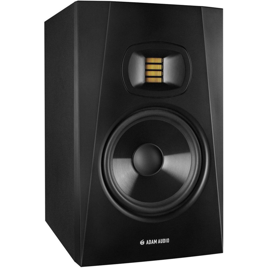 Adam Audio T7V active nearfield monitors with sleek black cabinets and front-facing controls, designed for high-quality audio monitoring.