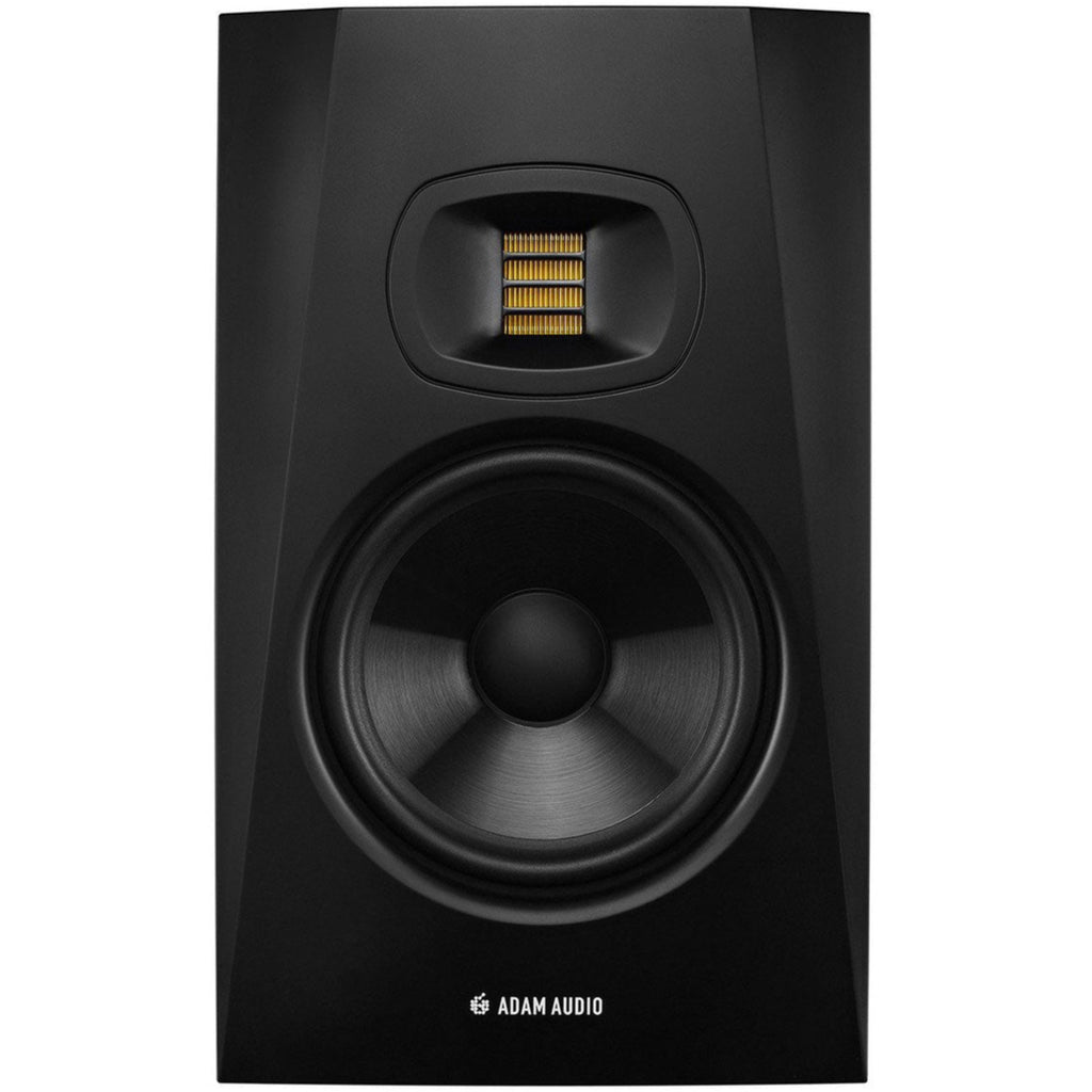 Adam Audio T7V active nearfield monitors showing black and white speaker cabinets with control knobs and connection ports.