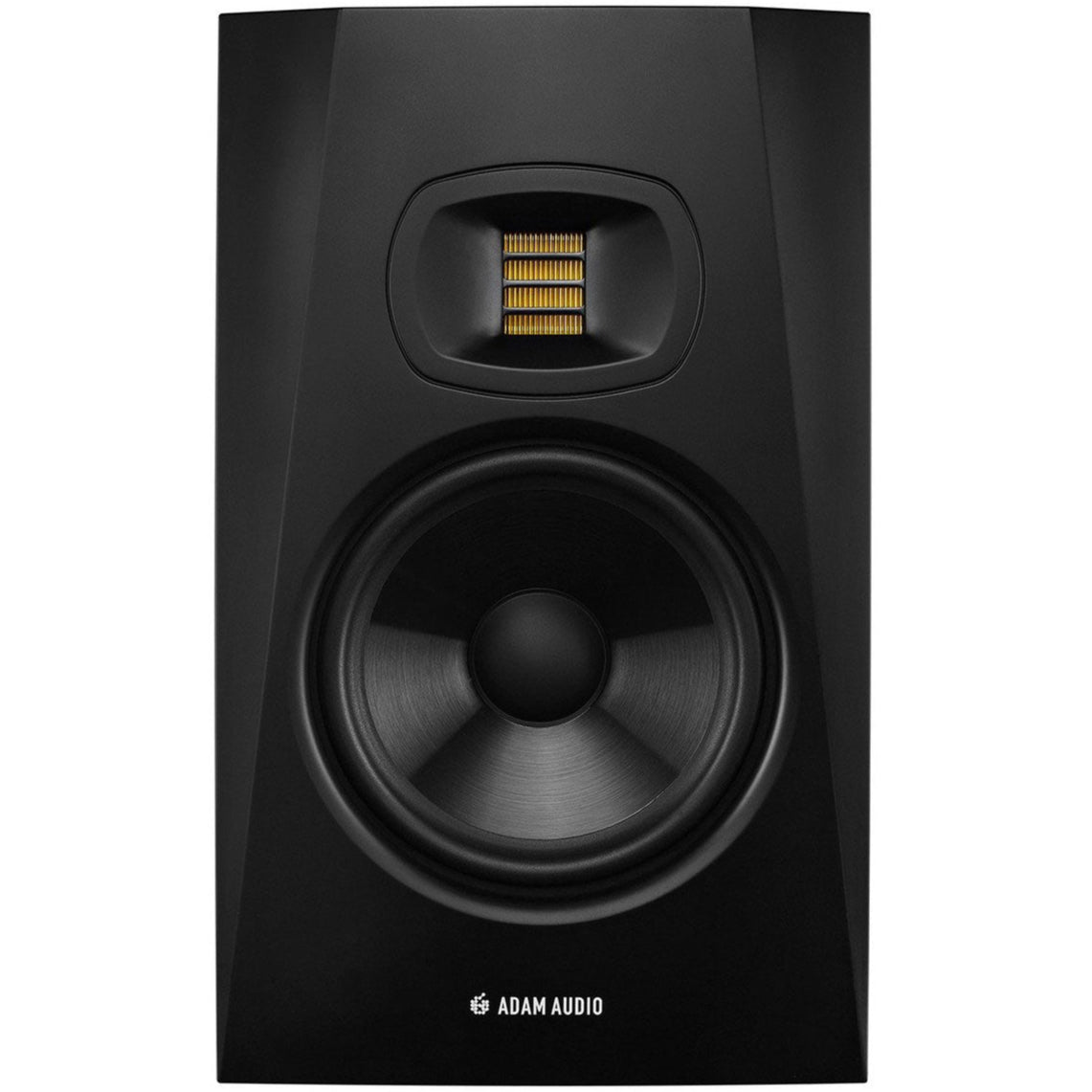 Adam Audio T7V active nearfield monitors showing black and white speaker cabinets with control knobs and connection ports.