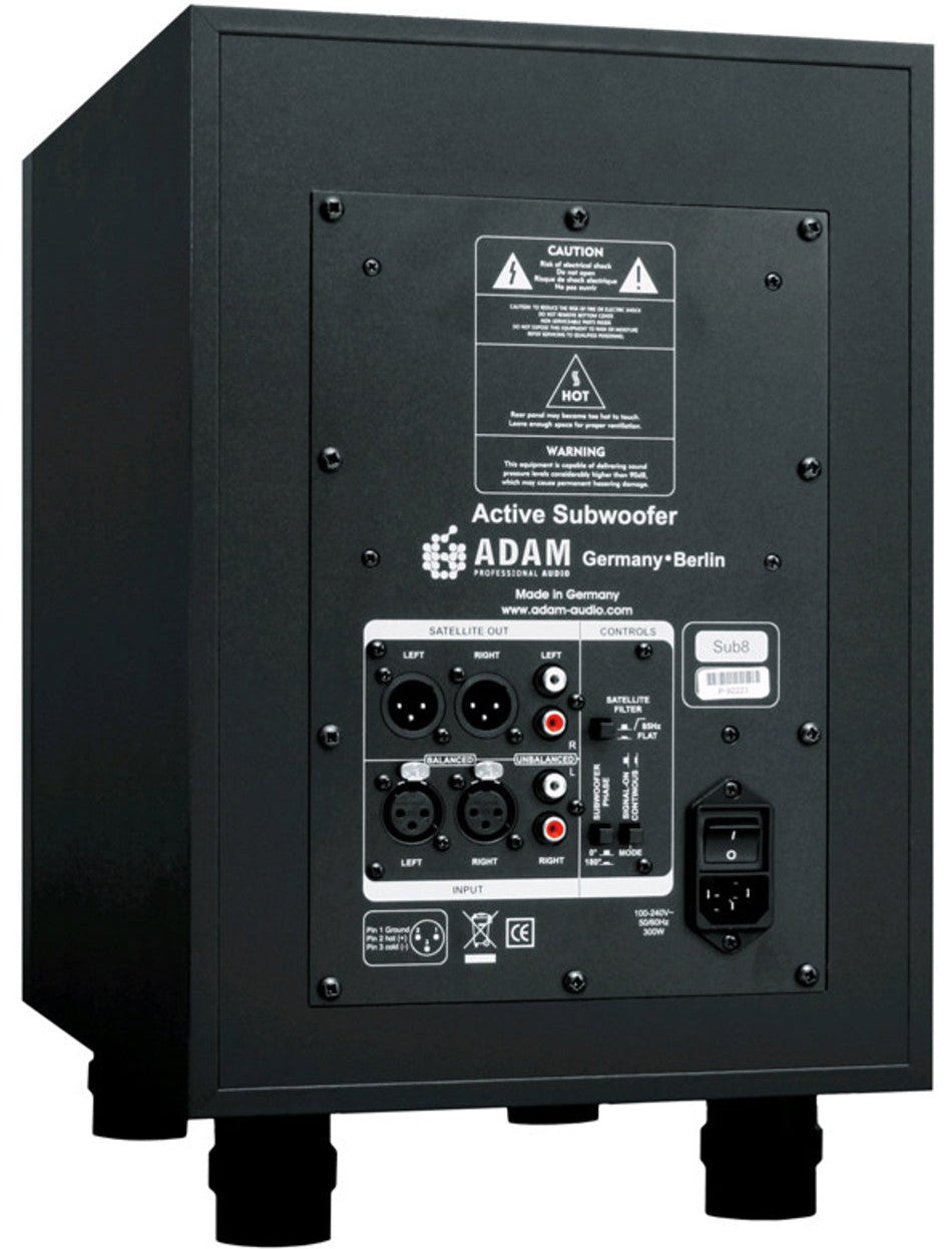 Adam Audio Sub8 subwoofer with sleek black enclosure and front port for enhanced bass response.