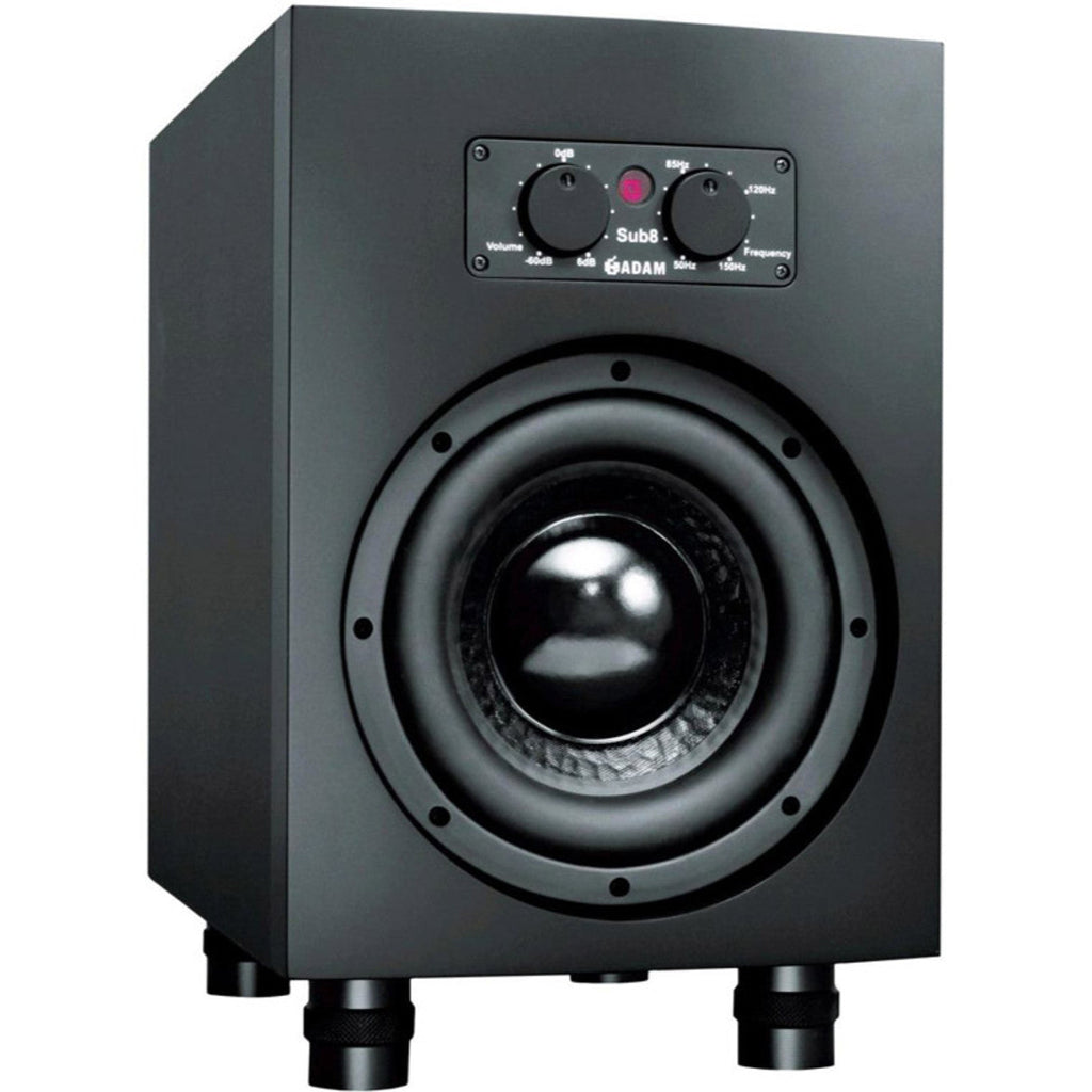 Adam Audio Sub8 subwoofer with black enclosure and control panel, designed for professional audio and studio monitoring.