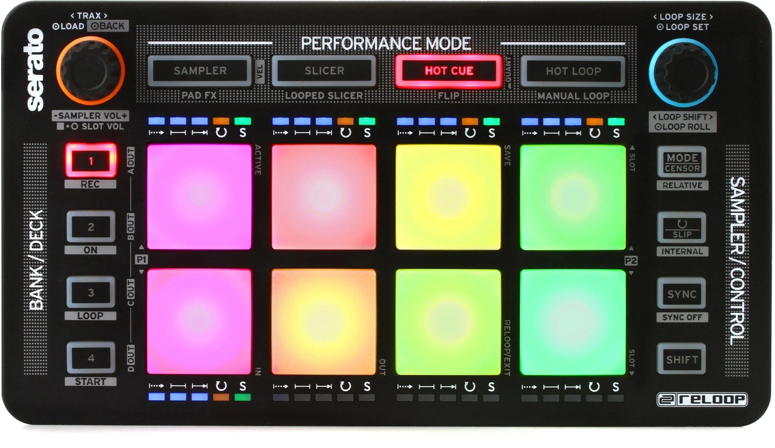 Reloop Neon DJ effects pedal with colorful LED lights and multiple control knobs for live sound manipulation.