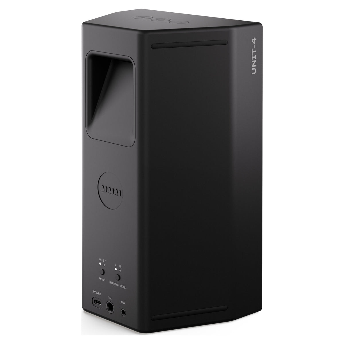 AIAIAI UNIT-4 MKII, black speaker, rear three-quarter view with carry handle