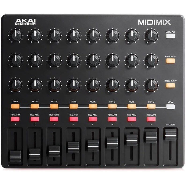 Akai Professional Midimix MIDI controller with knobs, faders, and buttons for music production and live performance.