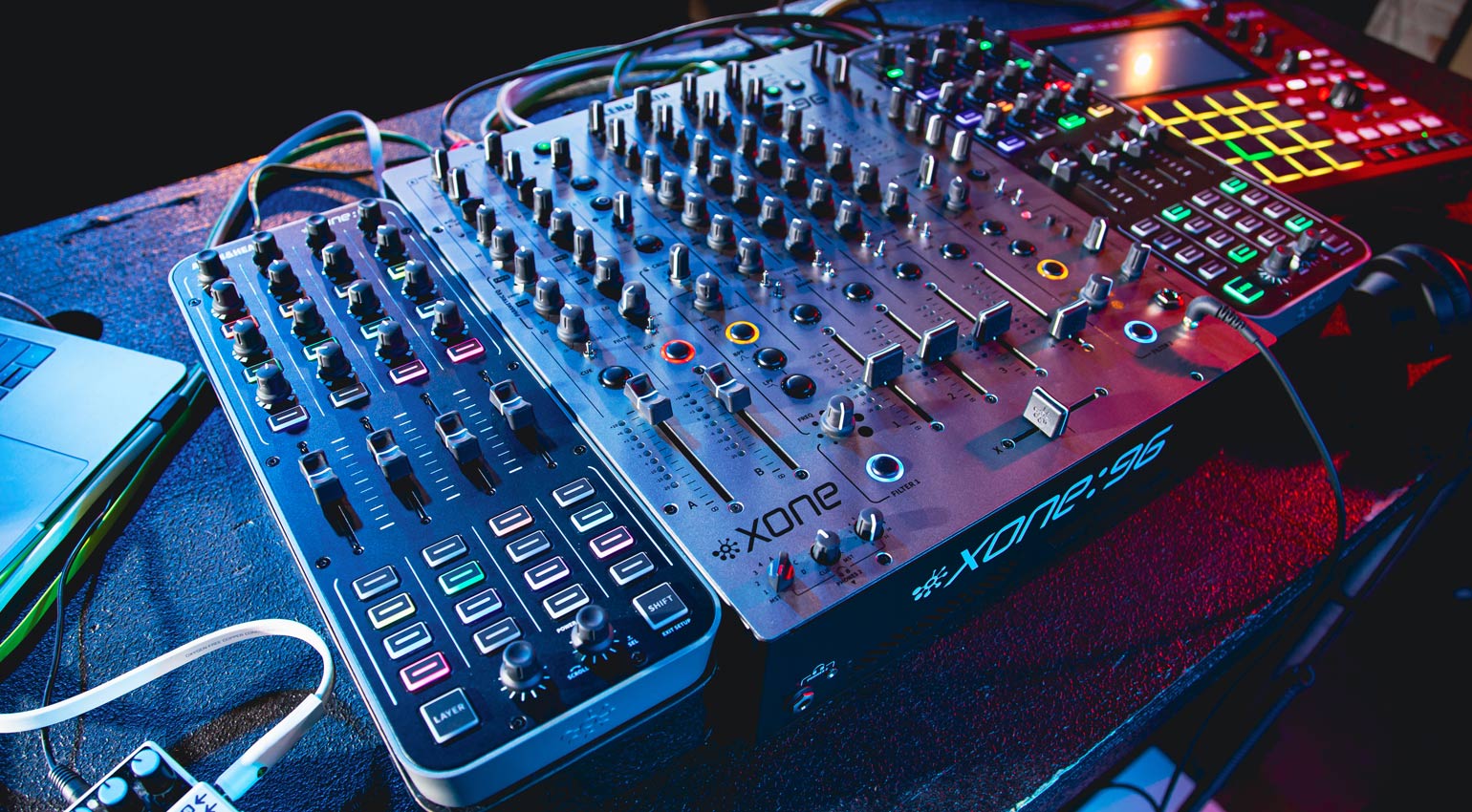 Allen & Heath Xone:K3 DJ controller with jog wheels, mixer controls, and connectivity ports for professional DJ setup.