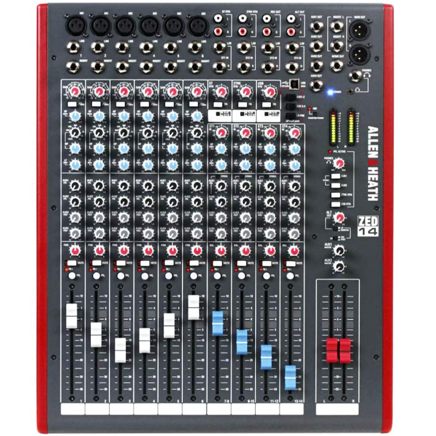 Allen & Heath ZED-14 analog mixer with multiple input channels, knobs, and faders for professional audio mixing.