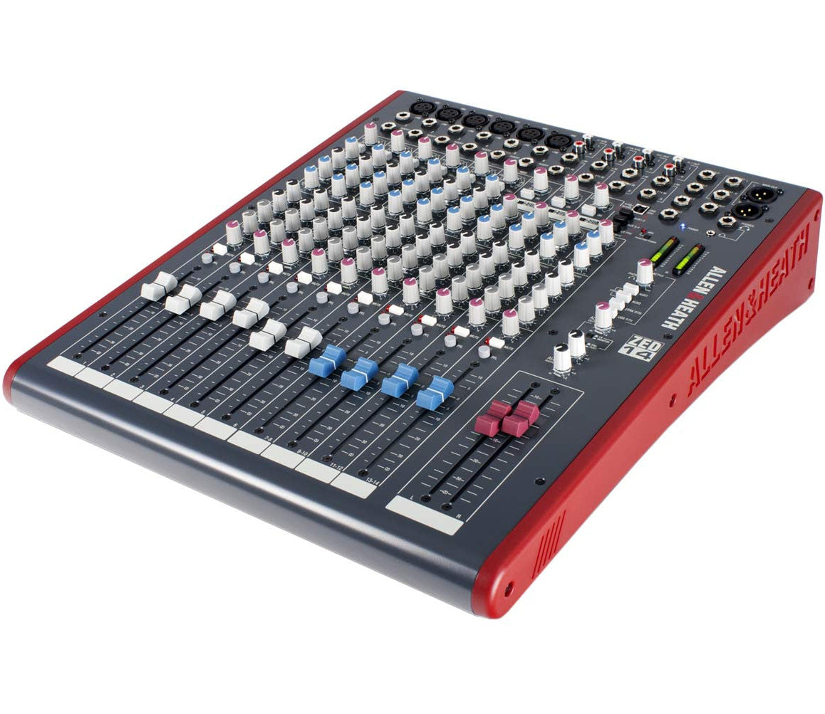 Allen & Heath ZED-14 analog mixer with multiple input channels, knobs, and faders for professional audio mixing.