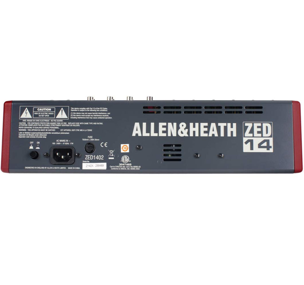 Allen & Heath ZED-14 analog mixer with multiple input channels, knobs, and faders for professional audio mixing.