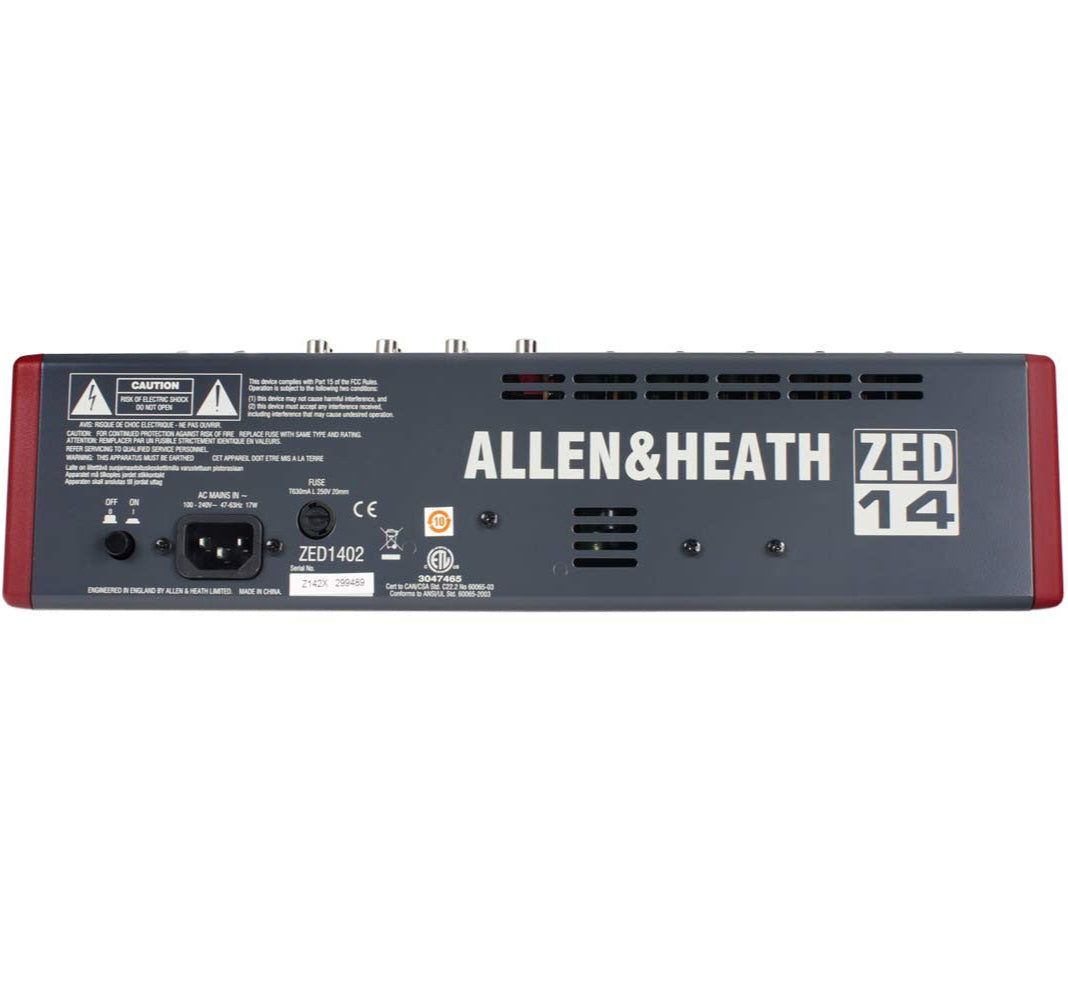 Allen & Heath ZED-14 analog mixer with multiple input channels, knobs, and faders for professional audio mixing.