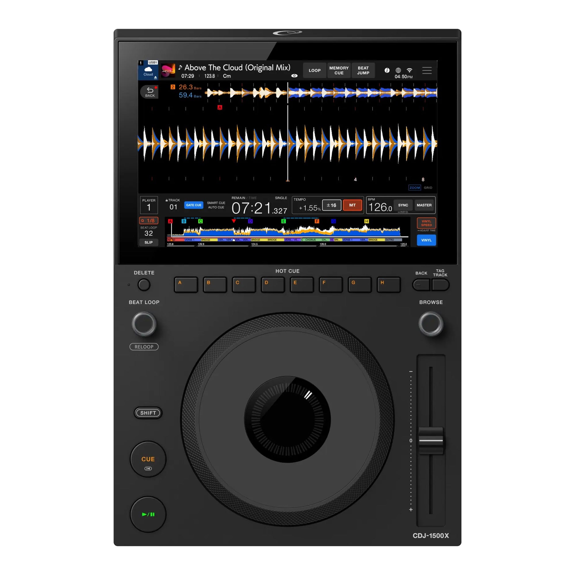 AlphaTheta CDJ-1500X, front view with 10.1-inch touchscreen