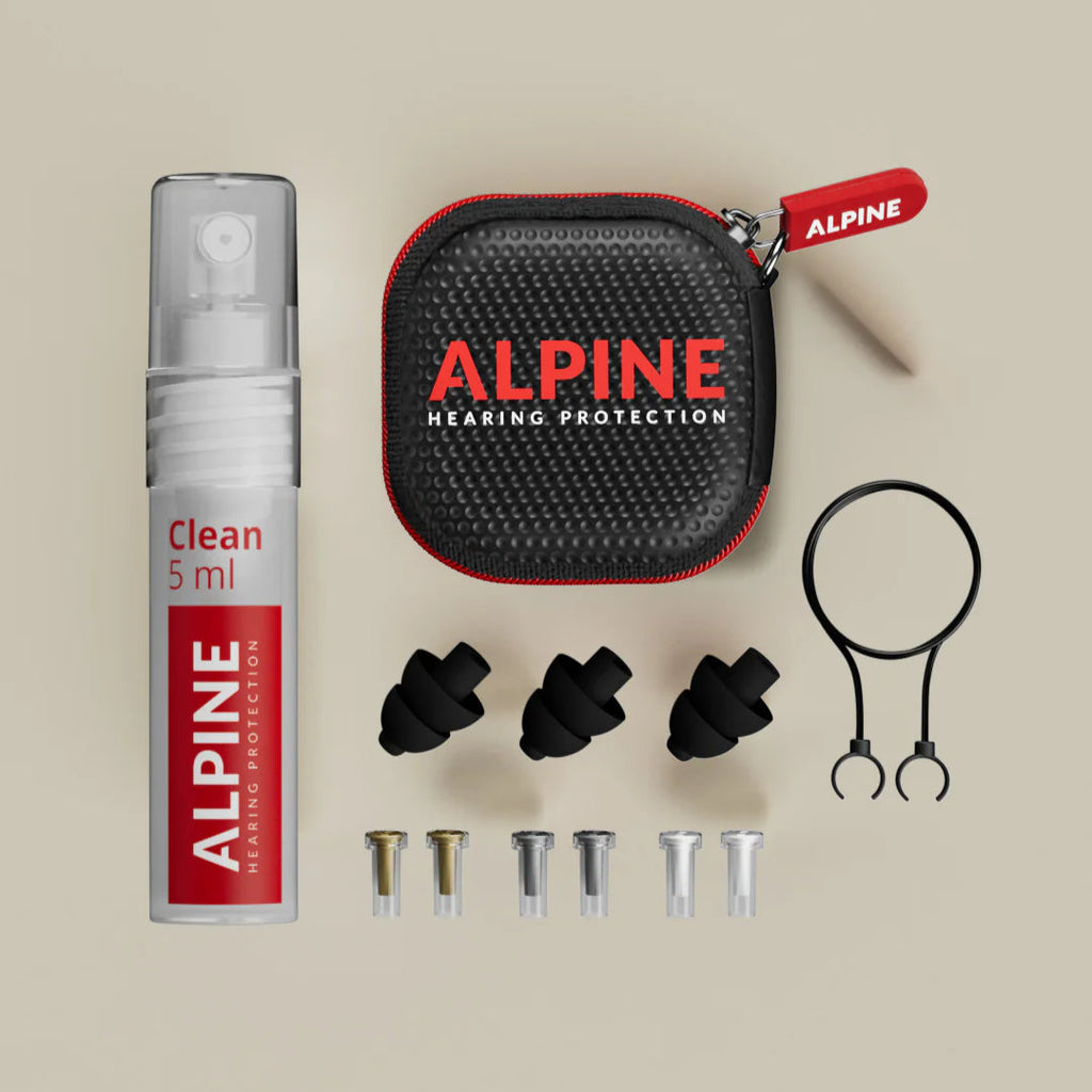 Alpine MusicSafe Pro earplugs for hearing protection, shown with accessories, black color, and ergonomic design.