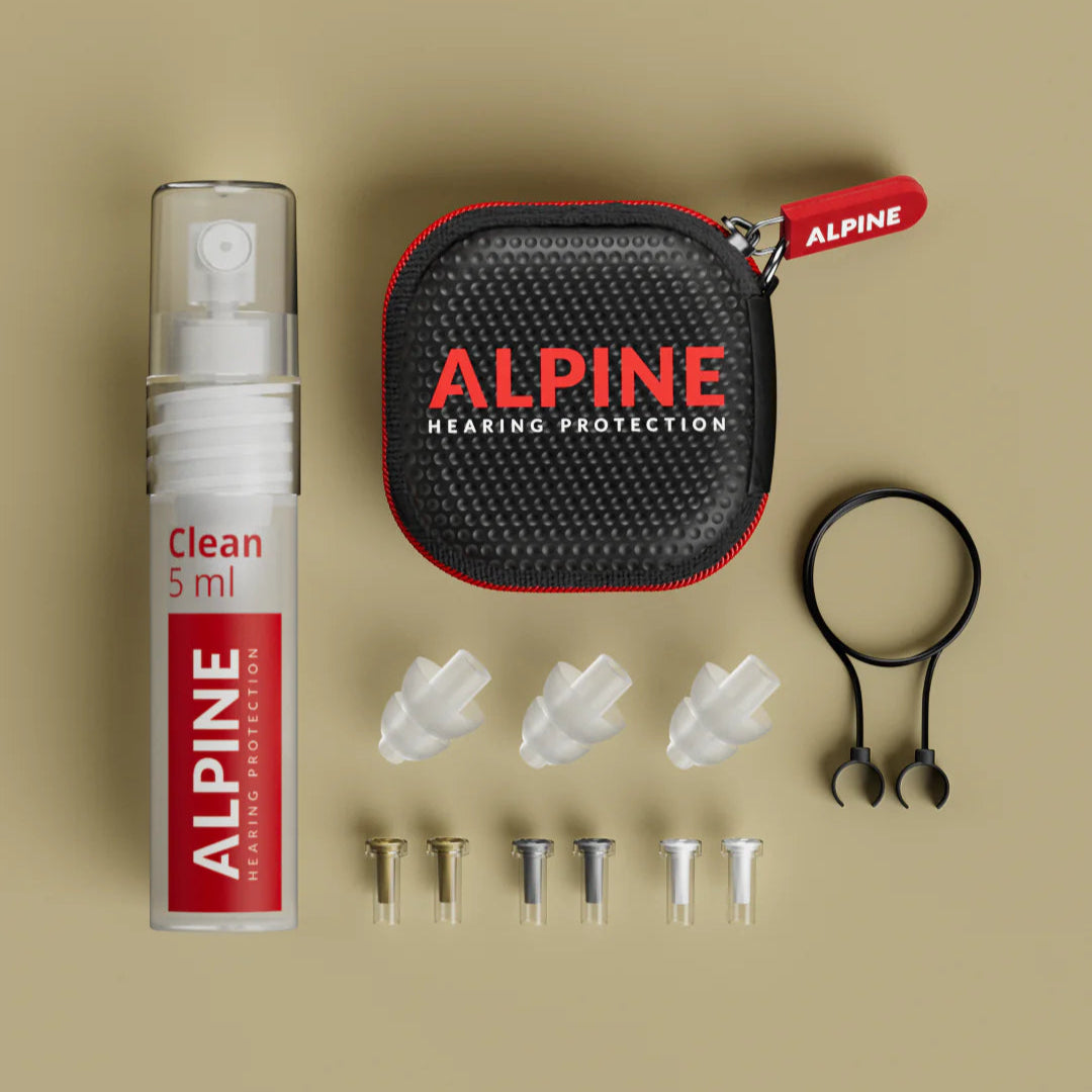 Alpine MusicSafe Pro earplugs for hearing protection, shown with accessories, transparent design, from Alpine brand.