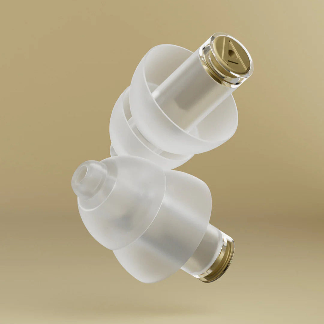 Transparent Alpine Music Safe Pro earplugs for hearing protection, designed to reduce noise while allowing for natural sound.