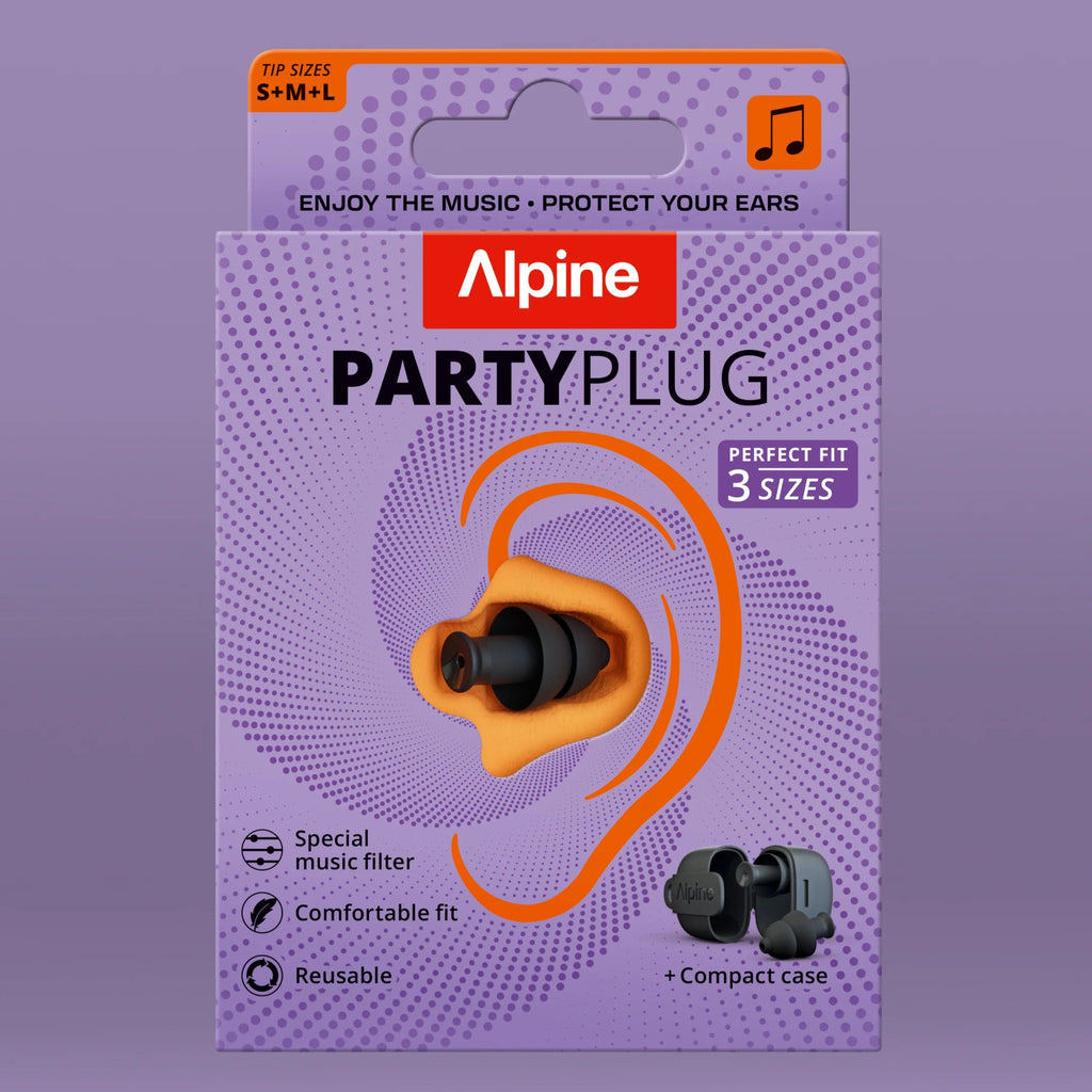 Black packaging of Alpine PartyPlug earplugs, hearing protection designed for noise reduction and comfort.