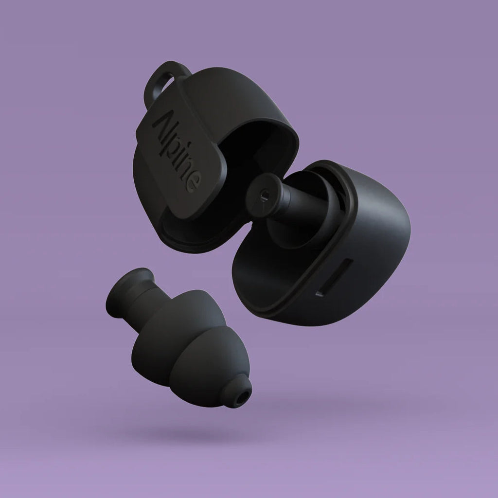 Alpine PartyPlug earplugs for hearing protection, shown with black case, designed to reduce noise and protect hearing.