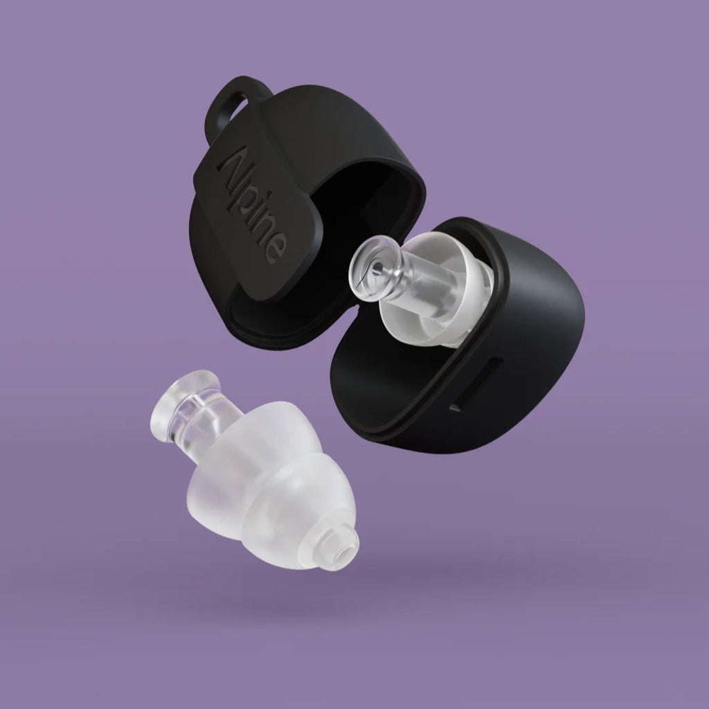 Alpine PartyPlug earplugs for hearing protection with transparent case, designed to reduce loud noise safely.