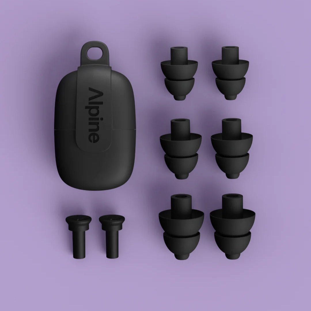 Alpine PartyPlug earplugs for hearing protection, shown in black, designed to reduce noise while maintaining sound clarity.