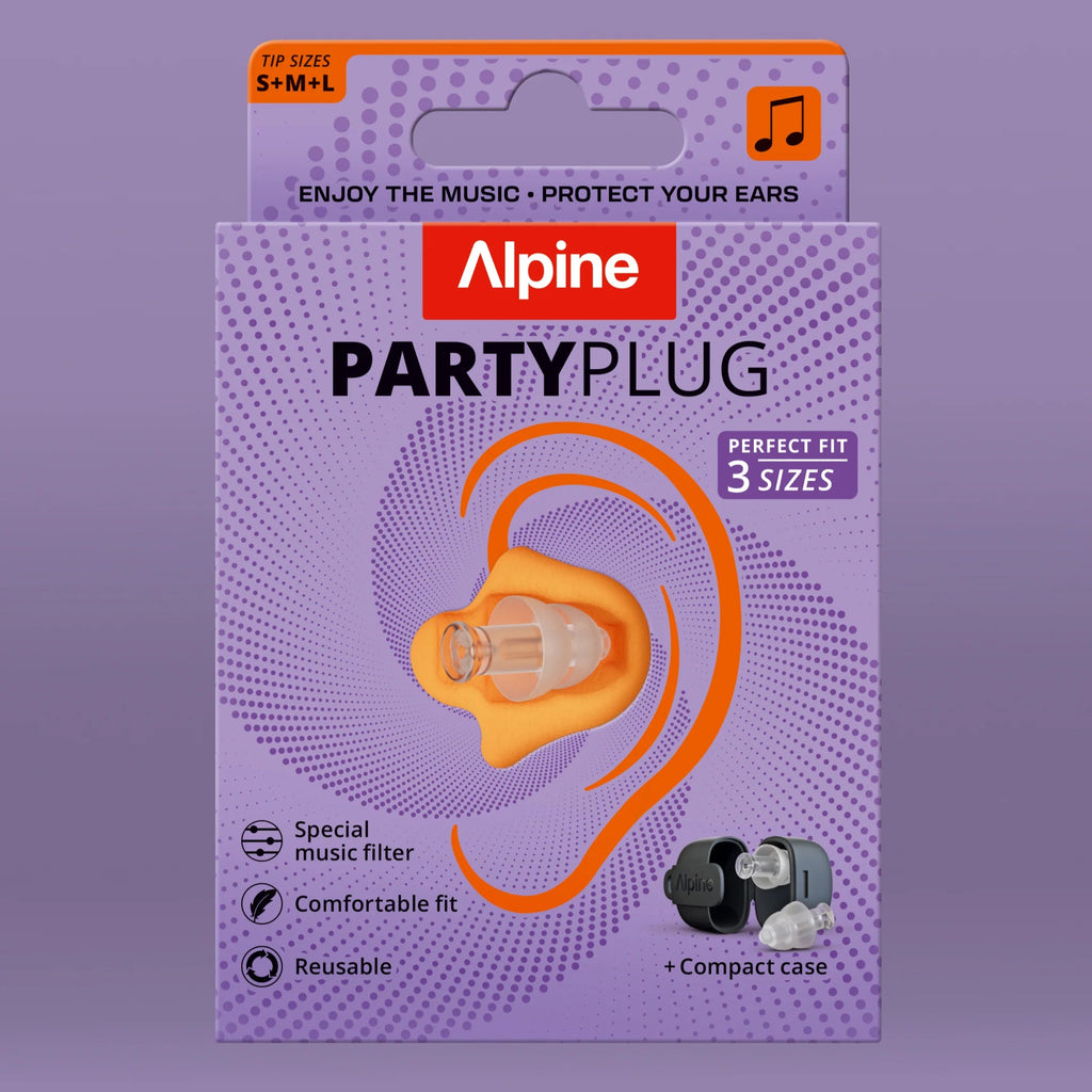 Alpine PartyPlug hearing protection earplugs in transparent packaging, designed for noise reduction at parties and events.