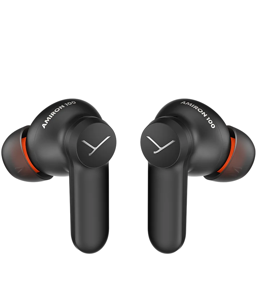 Beyerdynamic Amiron 100 wireless in-ear headphones in black with sleek design and earbud tips, front view.