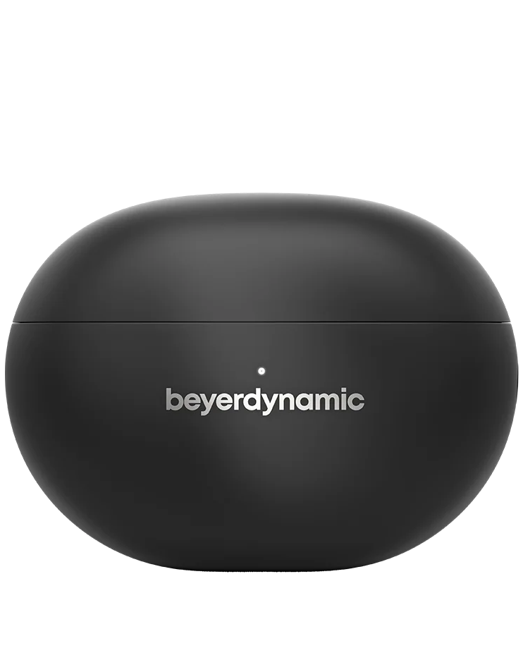 Black Beyerdynamic Amiron 100 wireless in-ear headphones with closed case, showing the sleek design and compact charging case.