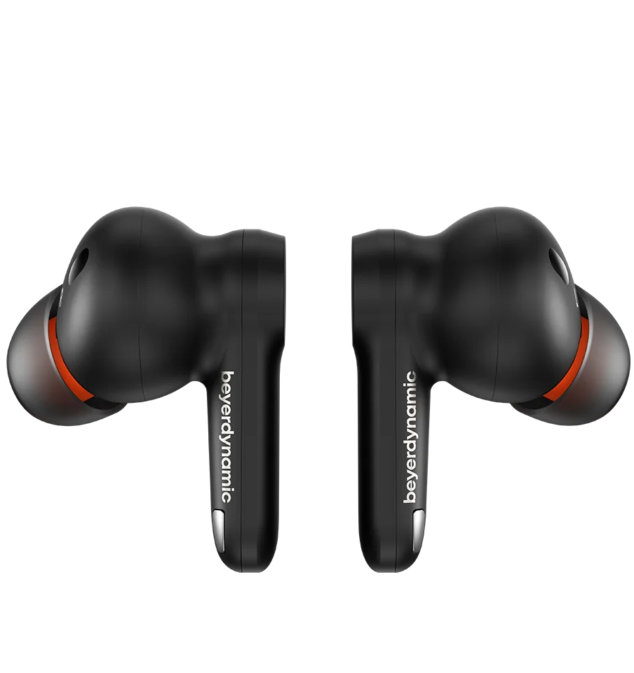 Black Beyerdynamic Amiron 100 wireless in-ear headphones with sleek design and ear tips, shown from the side.