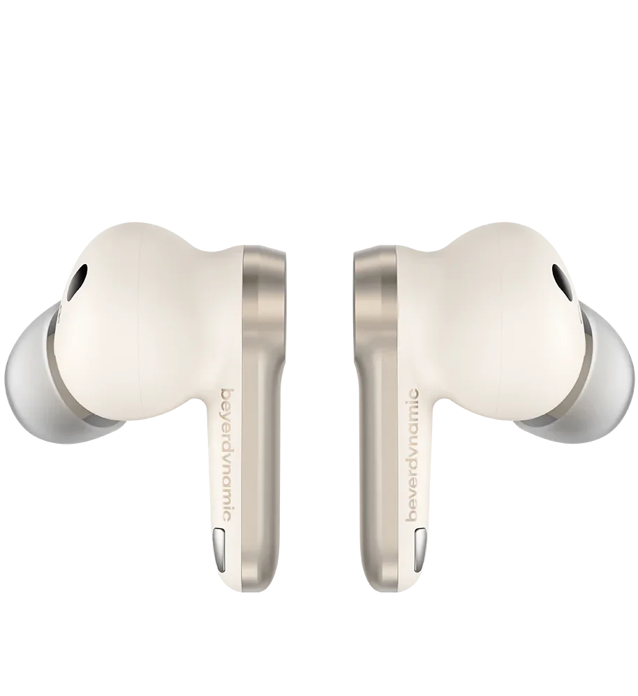 Beyerdynamic Amiron 100 wireless in-ear headphones with cream-colored earbuds and sleek side view design.
