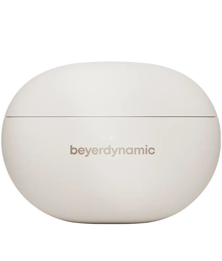Beyerdynamic Amiron 100 wireless in-ear headphones with cream case, closed design, and in-ear earbuds for high-quality sound.