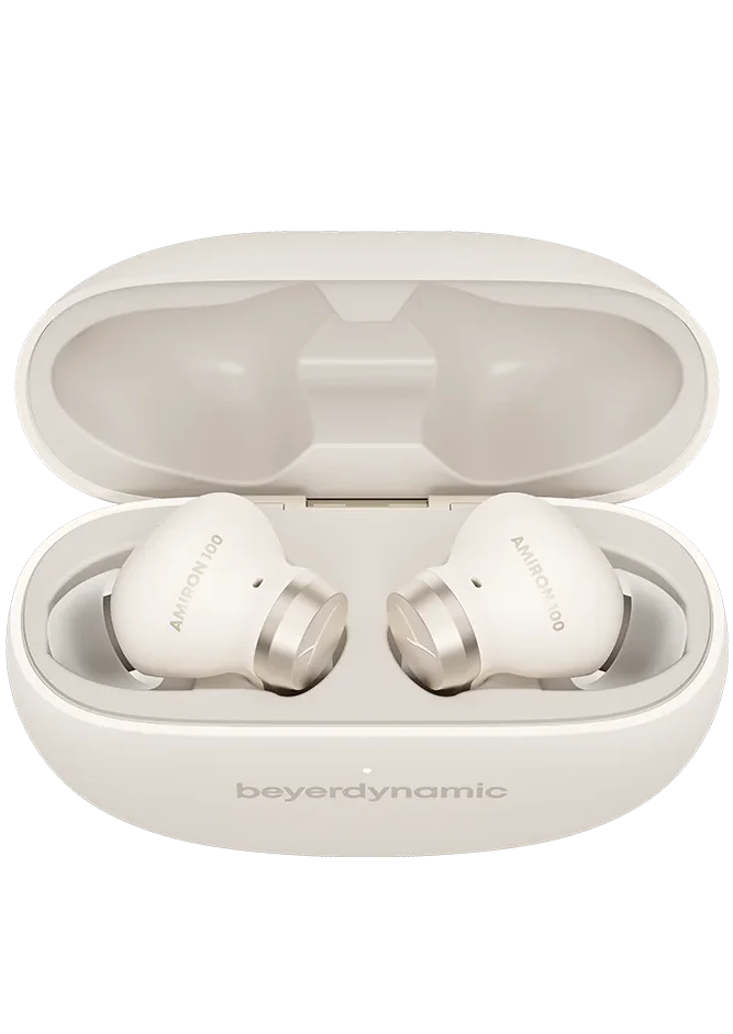 Beyerdynamic Amiron 100 wireless in-ear headphones in creme case, open to reveal sleek earbud design and branding.