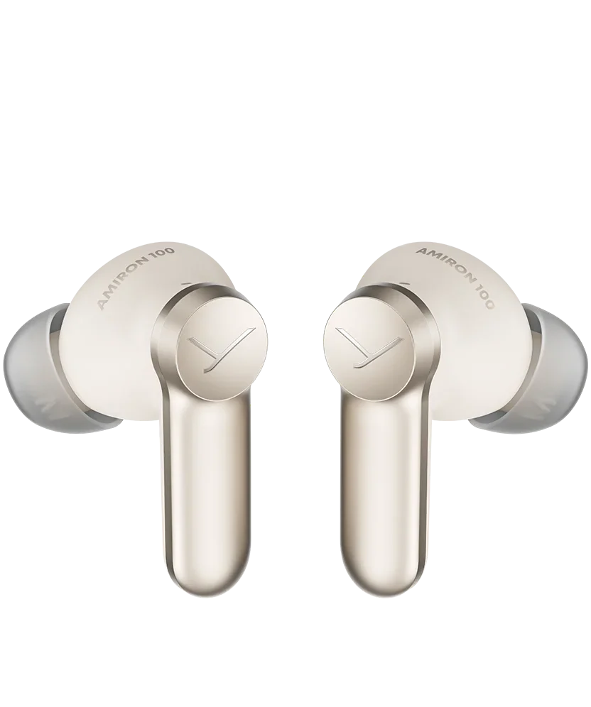 Beyerdynamic Amiron 100 wireless in-ear headphones in creme color, with sleek design and compact earbuds.