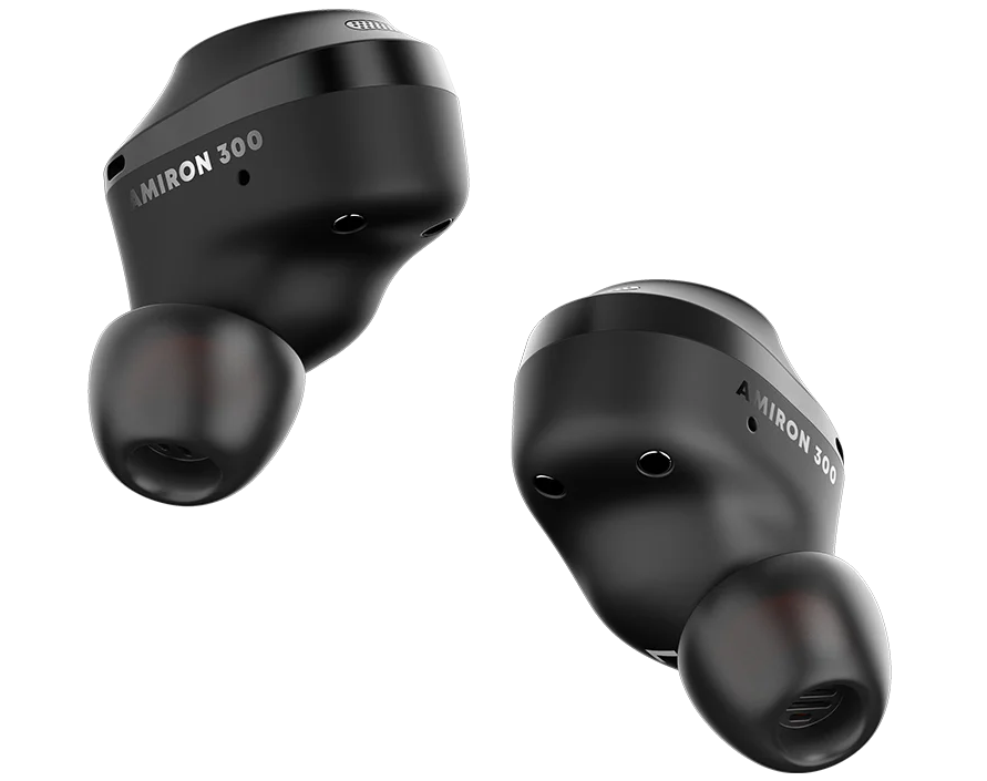 Black Beyerdynamic Amiron 300 wireless in-ear headphones with sleek design and behind-the-neck cable, shown from the backside.