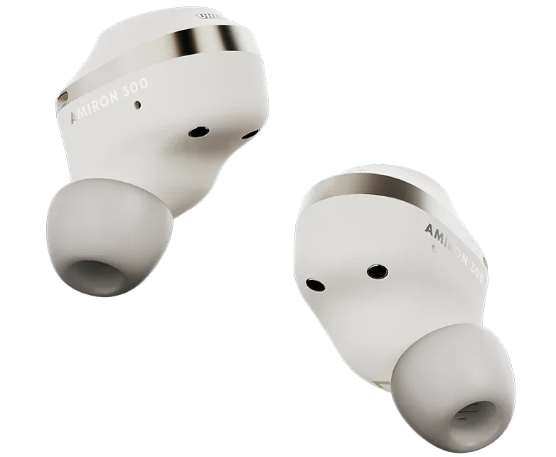 Beyerdynamic Amiron 300 wireless in-ear headphones in cream color, showing the backside with ear tips and cable details.