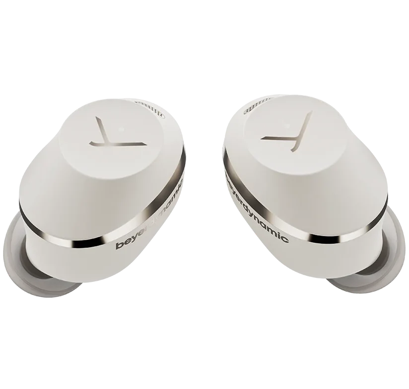 Beyerdynamic Amiron 300 wireless in-ear headphones in cream color, shown from the front with sleek design and ear tips.
