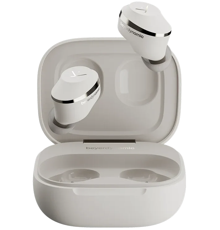 Beyerdynamic Amiron 300 wireless in-ear headphones in cream color, with transparent ear tips and sleek design.