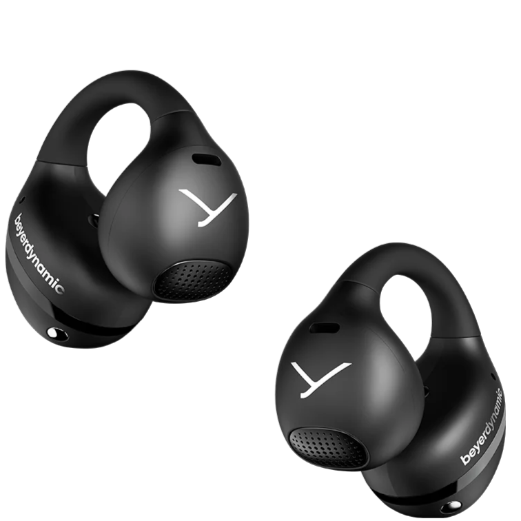 Black Beyerdynamic Amiron Zero wireless in-ear headphones with open-ear clip design.