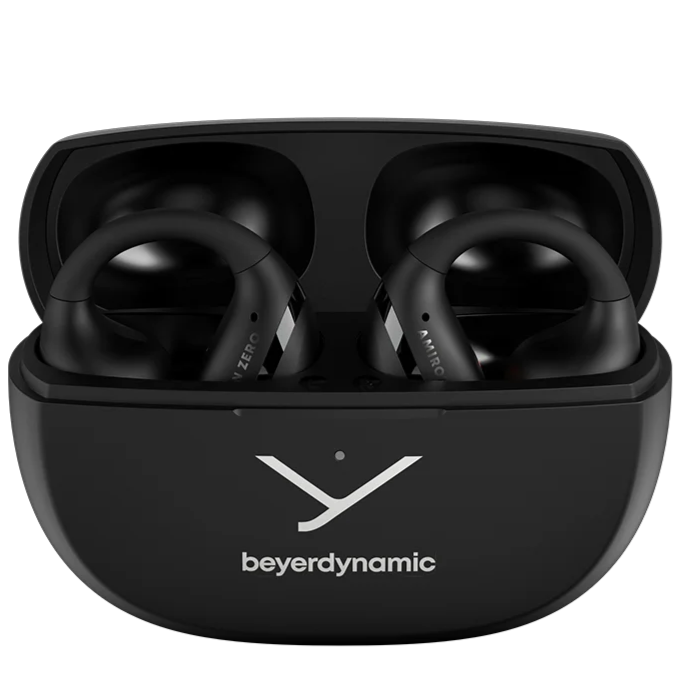Black Beyerdynamic Amiron Zero wireless in-ear headphones with open-ear clip design, shown in a close-up image.