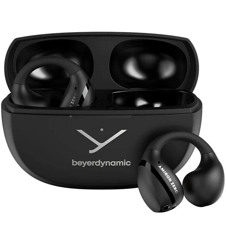 Black Beyerdynamic Amiron Zero wireless in-ear headphones with open-ear clip design, shown from a transparent perspective.