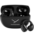 Black Beyerdynamic Amiron Zero wireless in-ear headphones with open-ear clip design, shown from a transparent perspective.